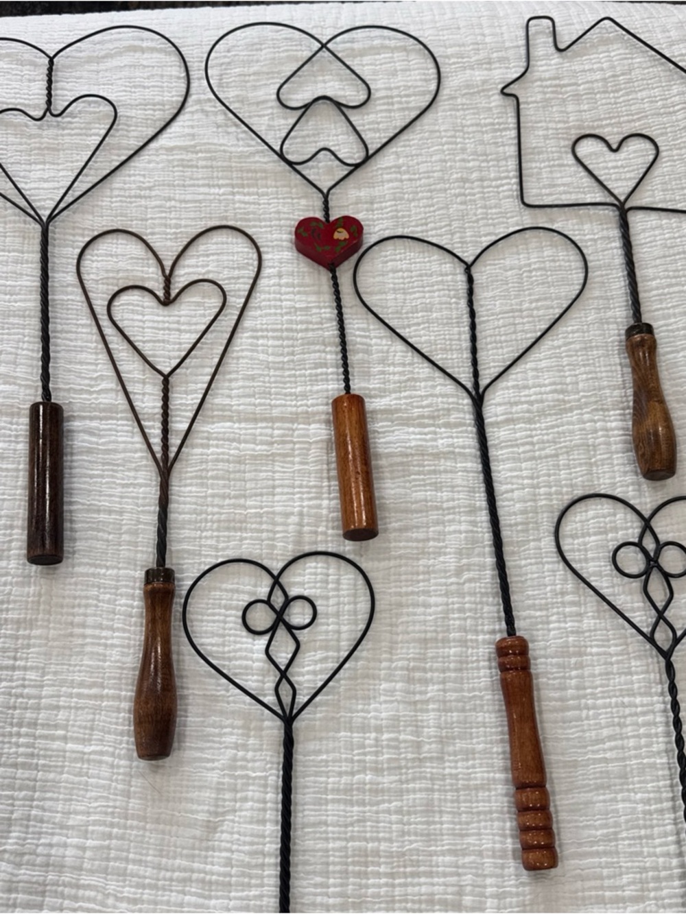 Lot of 7 Vintage Heart-Themed Rug Beaters Wire & Wood Handles Farmhouse